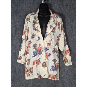 Rare Vintage Womens Floral Blazer Jacket Cream Orange Blue Rayon Size M 90s Art